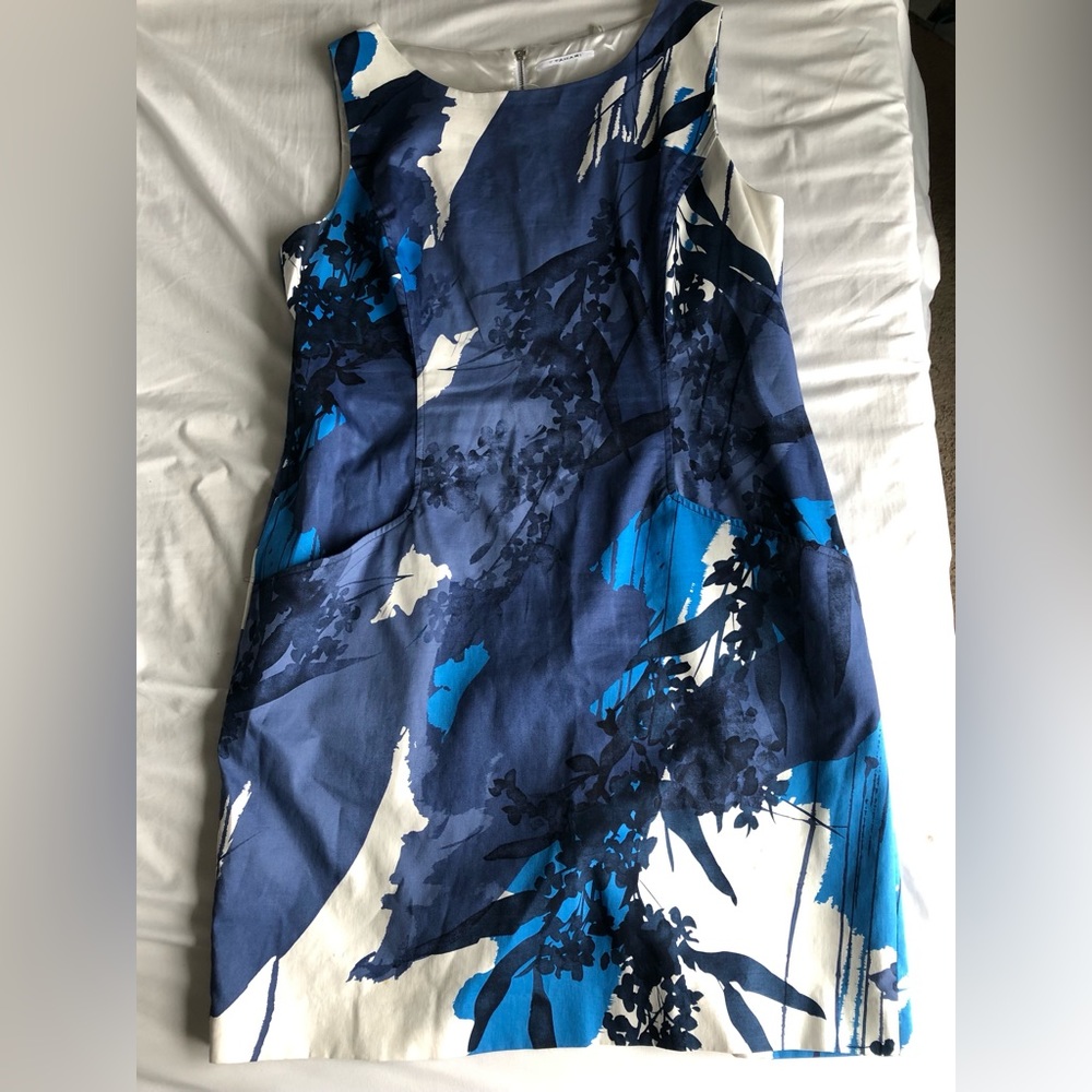 Tahari Blue Floral Sheath Dress with Pockets